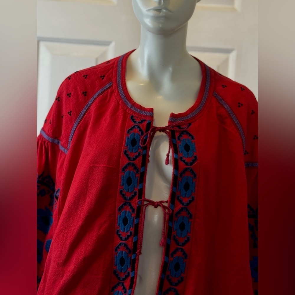 Free People Linen/Cotton Blend Vibrant Red Bohemian Jacket Blue Floral Accents L - Picture 11 of 15